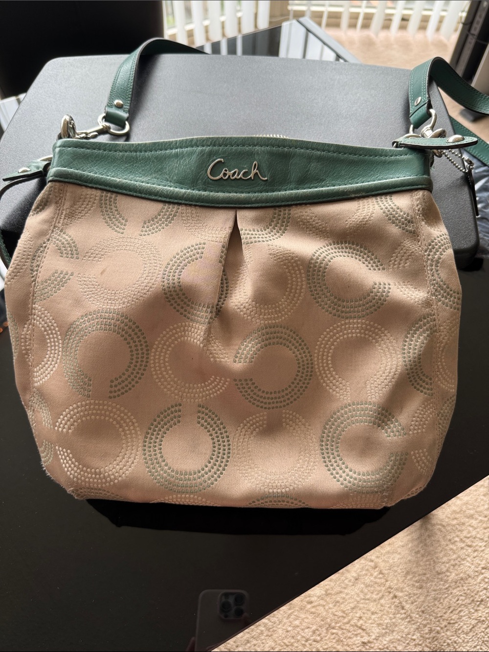 Y2K Coach Ashley Beige Jacquard Dot Shoulder Bag with Green Leather Trim